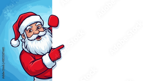 Santa Claus Peeking Around a Blank Sign Board, Christmas Holiday Season Celebration