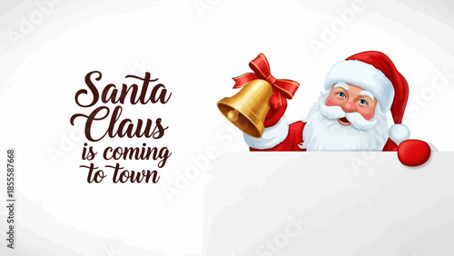 Santa Claus is coming to town with a festive bell, spreading holiday cheer and New Year greetings