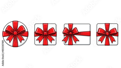 Collection of Four Round, Square, and Rectangular Gift Boxes with Red Ribbons and Bows, Top-Down View