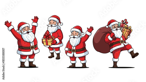 Four illustrations of Santa Claus in different poses, celebrating Christmas and holding gifts.