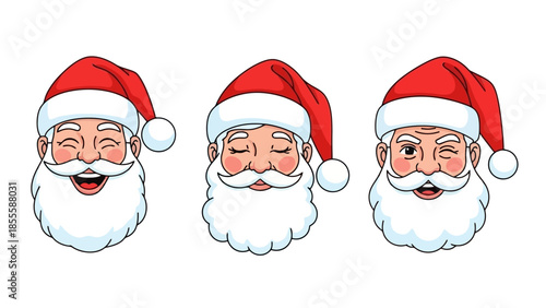 Three cartoon illustrations of Santa Claus faces with different expressions, winking and smiling.