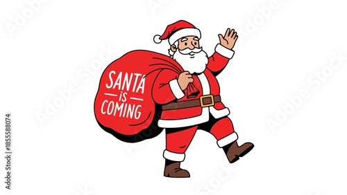 A cheerful cartoon illustration of Santa Claus waving with a large red sack of gifts on his back.