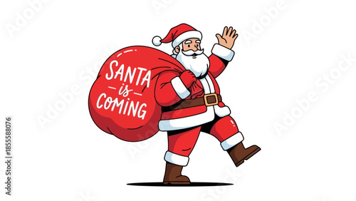 Illustration of Santa Claus waving with a large red sack full of gifts on his back.