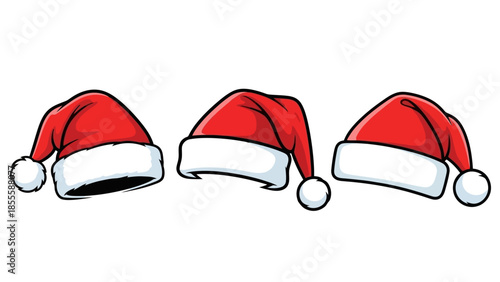 Three classic red Santa hats with white trim and pom-poms, isolated on a white background.