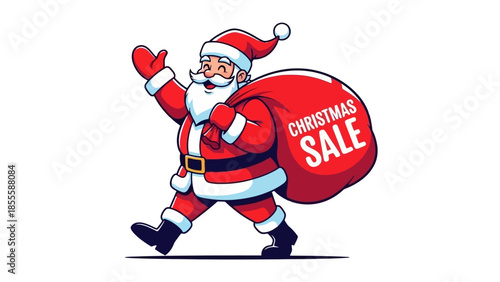 Santa Claus walking with a red bag labeled Christmas Sale, waving his hand.
