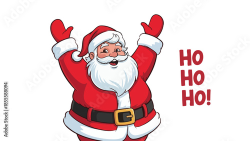 A cheerful cartoon illustration of Santa Claus with his arms raised in a festive greeting.