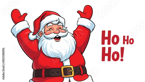 A cheerful Santa Claus with his arms raised in celebration, exclaiming "Ho Ho Ho!".