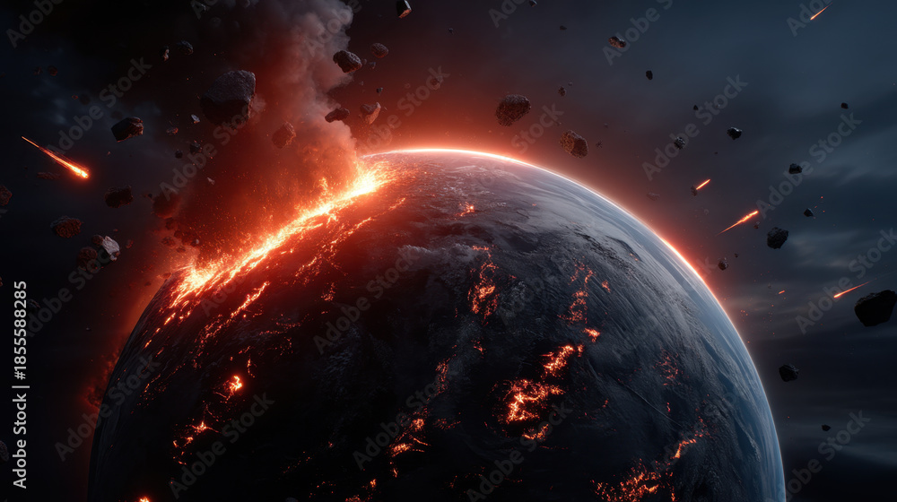 Fototapeta premium Molten impact on planet surface, volcanic fissure glowing across dark globe with meteor shower and space debris, dramatic cinematic lighting conveying catastrophic energy and heat