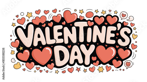 Valentine's Day Illustration: A vibrant and captivating illustration spells out Valentine's Day with hearts and star accents, designed to convey love and celebration.