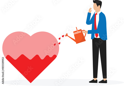 Work passion and motivation to success and win business competition, mindset or attitude to work,businessman pouring water to fulfill heart shape for passion
