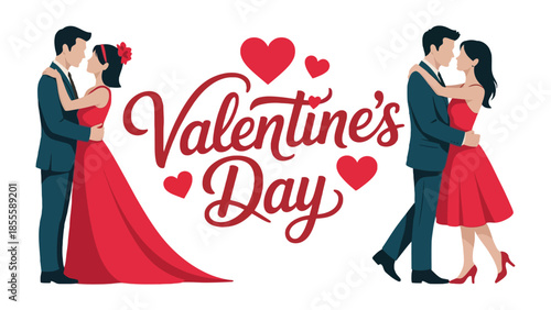 Romantic Valentine's Day Couple Embrace: A romantic illustration portrays two elegant couples sharing a tender kiss. Hearts float.