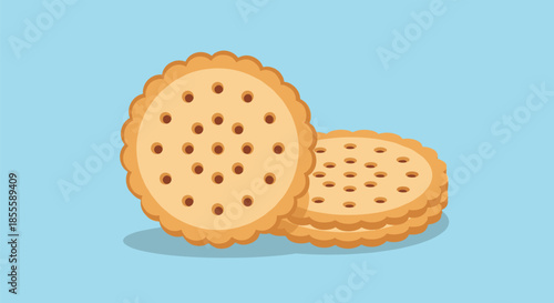 Stack of three golden brown sandwich cookies with perforated patterns on a light blue background creating a simple sweet snack illustration.