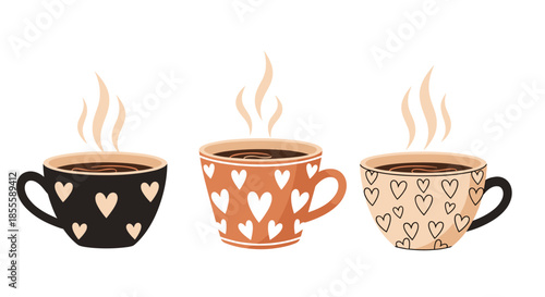Set of three decorative coffee mugs featuring heart patterns and rising steam in different color schemes for warm beverage lovers.