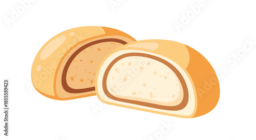 Two soft bun halves revealing a dark brown filling inside shown in a simple cartoon style illustration on a plain white background.