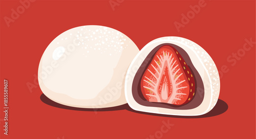 Two Japanese strawberry mochi sweets, one whole and one cut in half, displayed against a bold red background for dessert branding.
