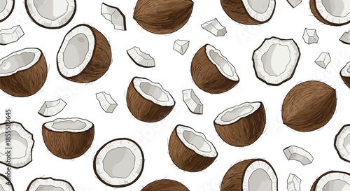 Seamless pattern featuring whole coconuts, half pieces, and small chunks scattered over a white background for tropical theme designs.