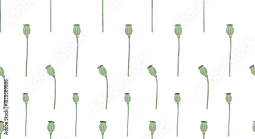 Simple repeating pattern of long green seed pods or flower stems arranged in neat rows on a plain white background for minimalist design.