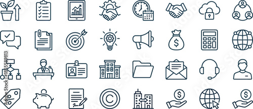 A comprehensive collection of thin line art icons representing various business finance marketing strategy and management concepts for digital design projects