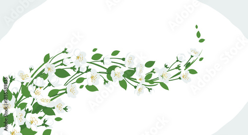Dynamic flowing arrangement of white flowers and green leaves sweeping across a white background with a light grey organic shape.