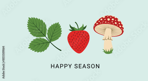 Trio of natural icons featuring a green strawberry leaf, a ripe red strawberry, and a red fly agaric mushroom on a light blue background.