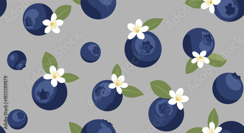 Seamless pattern of dark blue blueberries, green leaves, and small white flowers on a solid grey background for kitchen textiles.