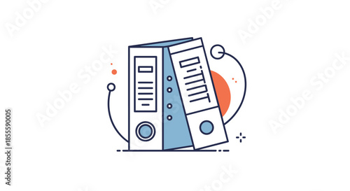 Illustration of two office file binders, one standing and one leaning, against a background of abstract shapes and circles in a modern style.