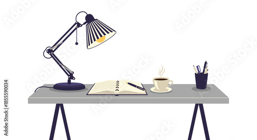 Minimalist office workspace illustration featuring a desk with a lamp, open notebook, coffee cup, and pen holder for creative focus.