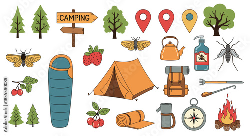 Comprehensive camping icon set including tents, trees, insects, gear, fire, and signage in a harmonious color palette for outdoor travel.