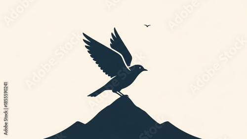 Bird Silhouette Spreading Wings on Mountain Peak Vector Illustration