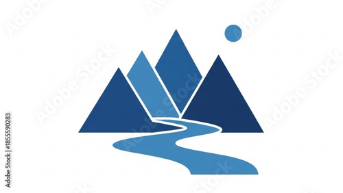 Minimalist Blue Mountain River Sun Flat Design Icon Isolated