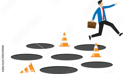 Avoid pitfall and adversity, brave to jump pass mistake,skill and creativity to solve problem concept
