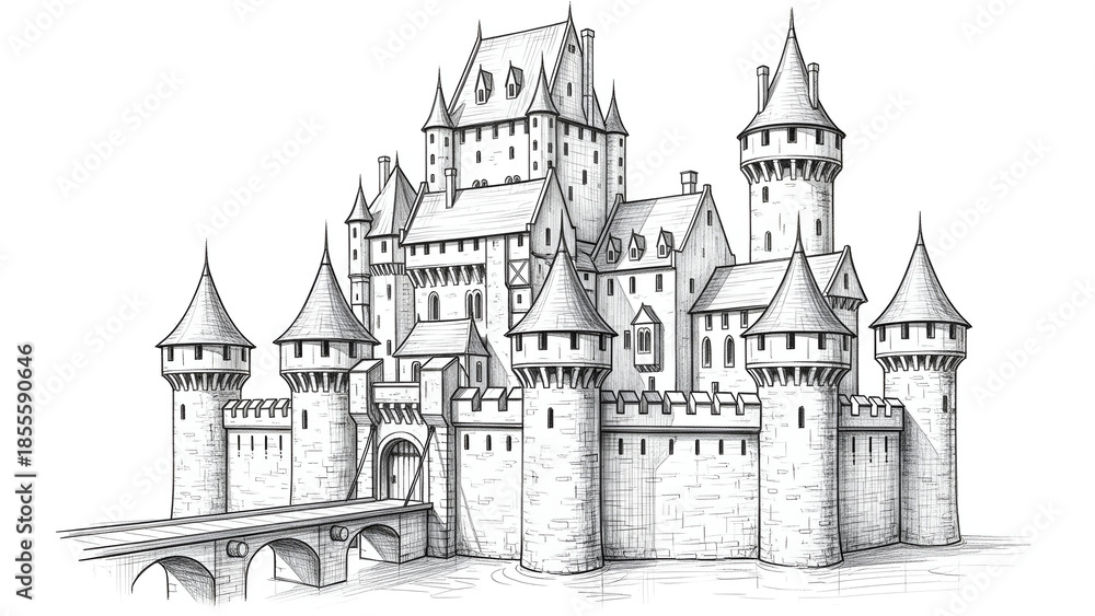 Obraz premium Illustrated Medieval Castle with Towers and Bridge