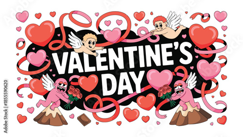 Valentine's Day Greeting: Festive illustration with heart and cherubs. Conveying feelings of love, romance, and affection, perfect for celebrations and greetings.