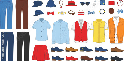 Men’s clothing and accessories set, fashion items, wardrobe essentials, stylish outfit grid, shoes and hats, flat vector illustration