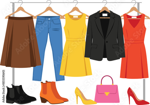 Stylish clothing rack with dresses, shoes, handbag, casual and formal fashion items for women, flat vector illustration