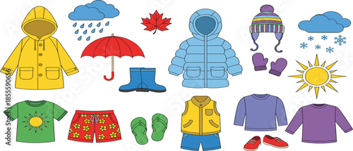 Seasonal clothing and weather icons for kids, raincoat, sun, snow, boots, summer outfit, winter gear, educational flat vector illustration