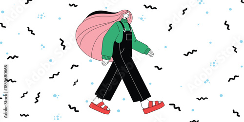 Stylized walking character, pink hair motion, green sweater outfit, abstract background, fashion pose, playful design, flat vector illustration