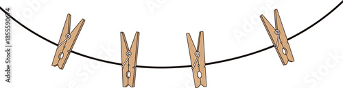 Wooden clothespins hanging on black clothesline, household drying tools, laundry concept, gravity tension, minimal background, vertical orientation, spring mechanism, flat vector illustration