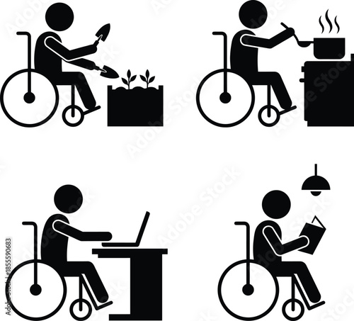 Pictograms showing a person in a wheelchair performing various daily activities