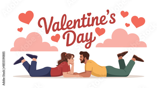 Valentine's Day Love: A romantic Valentine's Day illustration depicts a couple gazing into each other's eyes, expressing feelings of love. The scene captures the essence of romance.