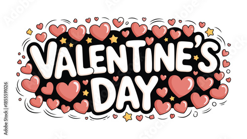 Valentine's Day Greeting: Expressing love and affection, the illustration showcases hearts and stars, embodying the spirit of the holiday. The bold typography declares Valentine's Day. 
