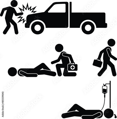 A visual sequence of a pedestrian car accident and subsequent medical care first aid treatment