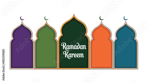 Ramadan Kareem: A vibrant illustration of Islamic archways, each one adorned with a crescent moon.  This festive imagery captures the essence of a blessed period.