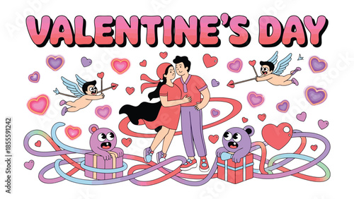 Valentine's Day Illustration: A vibrant and affectionate illustration for Valentine's Day, featuring a loving couple surrounded by hearts and charming cupids.