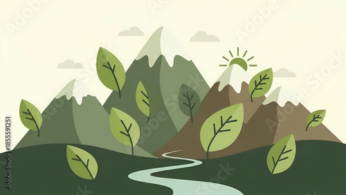 Lush Mountain Landscape with Rolling River and Green Leaves