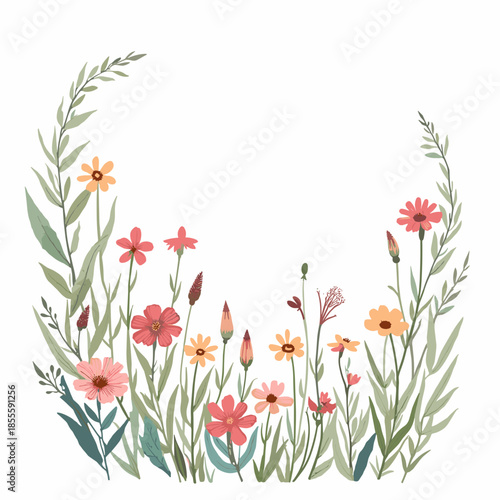 A serene illustration of flowers and foliage in a lush garden setting from a frontal viewpoint
