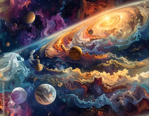 Cosmic illustration showing planets, nebulae, and vibrant colors