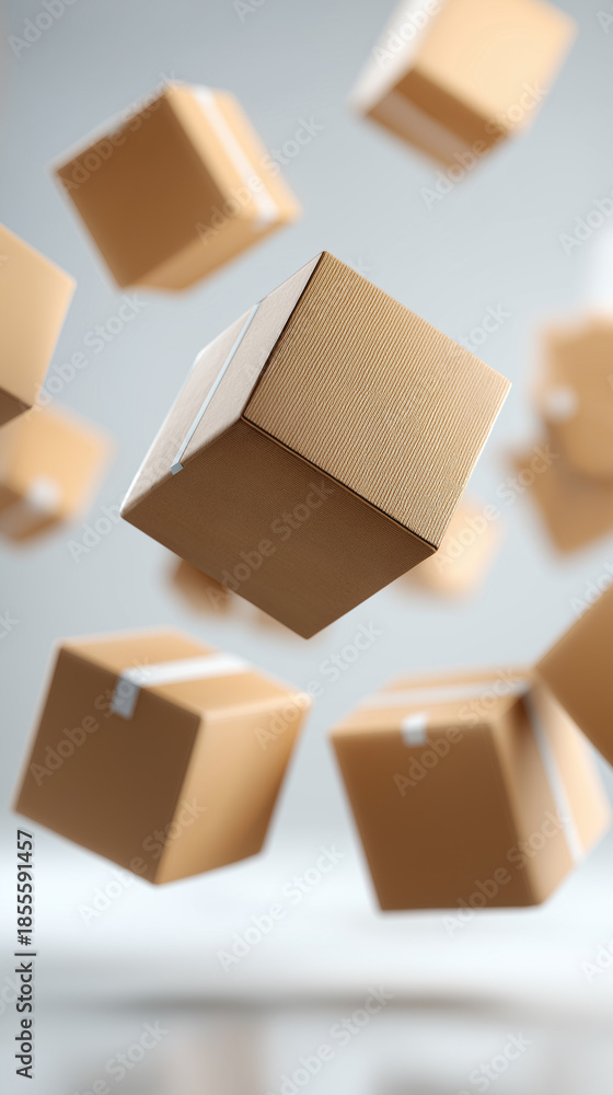 Fototapeta premium Floating cardboard boxes in midair representing logistics distribution and abstract business concepts. 