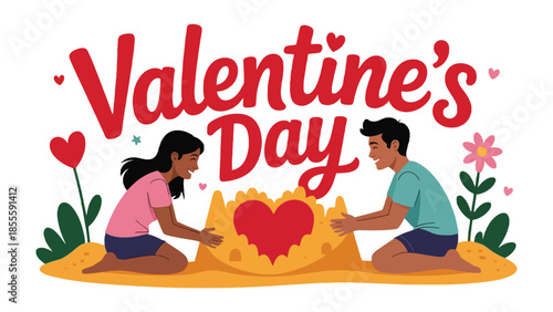 Valentine's Day Beach Bliss: Two individuals create a sand heart. This scene evokes the tenderness, fondness, and joy associated with this special occasion.