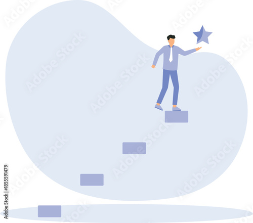 Hope to succeed in business, reaching business goal, reward and motivation concept, businessman climb up stair to top reaching precious star reward.

